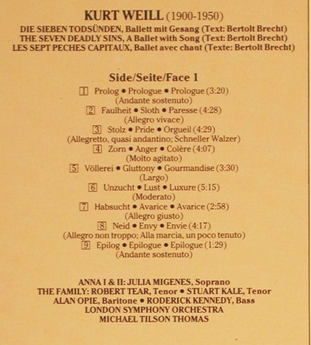 The Seven Deadly Sins, Brecht/Weill: Julia Migenes, London Sym.Orch., CBS (MA 44529), NL, m-/vg+, 1988 Typ: LP Best.-Nr.: V5816 Preis: 6,00 Euro