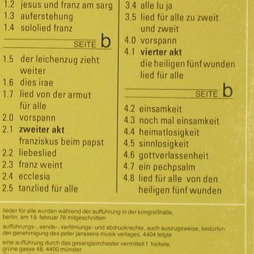 Franz von Assisi - Ein Musikspiel: Wilhelm Willms,P.Janssens, Foc, PietBeat (1028&sol;1029), D, 1978 Typ: 2LP Best.-Nr.: V5852 Preis: 9,00 Euro.