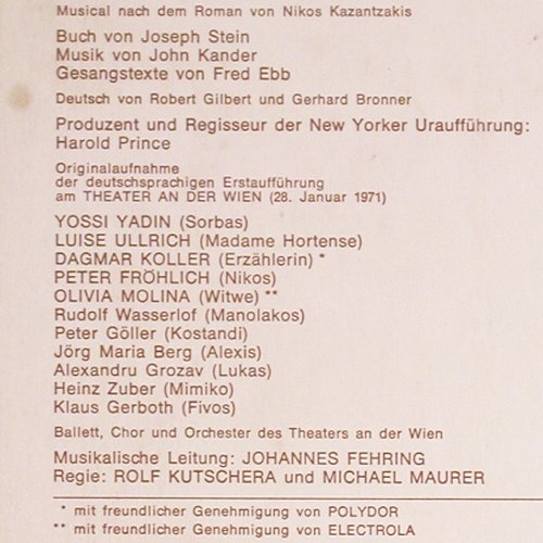 Sorbas - Yossi Yadin in: Originalaufn...Theater an der Wien, Preiser (SPR 3221), D, 1971 Typ: LP Best.-Nr.: V5878 Preis: 9,00 Euro