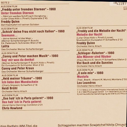 V.A.Kino-Schlager-Schöne Stunden: 1959-1960, Freddy... Leo Leandros, Polydor (819 718-1), D Typ: LP Best.-Nr.: V6078 Preis: 6,00 Euro.