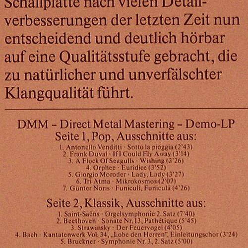 V.A.DMM erreicht die Perfektion: des reinen Klanges, Pop / Klassic, Teldec-Testplatte (66.22981), D, Booklet, 1983 Typ: LP Best.-Nr.: V6525 Preis: 5,00 Euro.