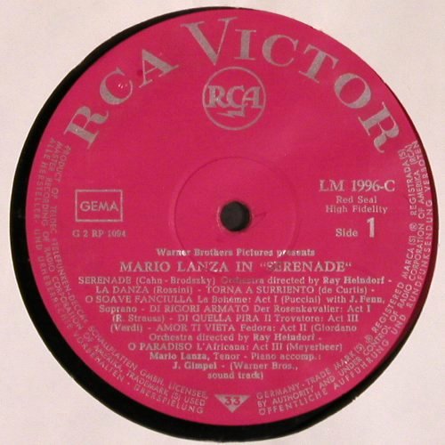 Lanza,Mario: Serenade, Warner Brothers-Film, RCA (LM-1996-C), D Typ: LP Best.-Nr.: V6530 Preis: 9,00 Euro.