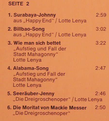 Weill,Kurt &sol; Bertold Brecht: Dreigroschenoper Lenya, hist.(1928), Historia&sol;Vintage (7850001), EEC, 1974 Typ: LP Best.-Nr.: V6594 Preis: 5,00 Euro.