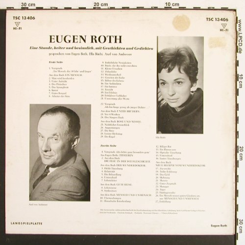 Roth,Eugen: Eine Stunde,heiter und besinnlich, Telefunken (TSC 13 406), D, vg+&sol;vg+ Typ: LP Best.-Nr.: V7223 Preis: 5,00 Euro.