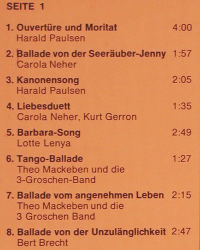 Brecht,Bertolt/Kurt Weill: Dreigroschenoper Lenya, hist.(1928), Historia/Vintage (rot)(7850001), EEC, 1974 - LP - V7224 - 5,00 Euro