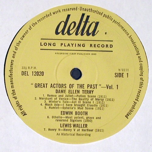 V.A.Actors Of The Past Vol. 1: Dame Ellen Terry, Edwin Booth u.a., Delta (DEL 12020), UK,histRec, 1963 Typ: LP Best.-Nr.: Y290 Preis: 12,50 Euro.