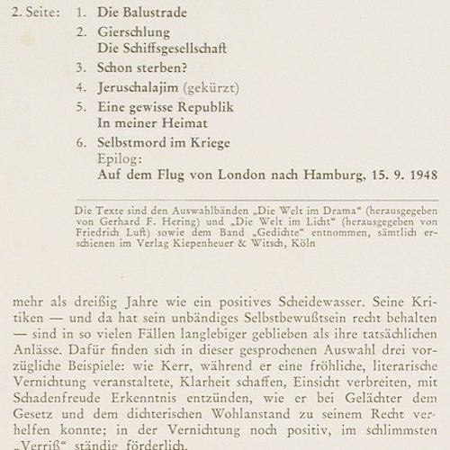 Held,Martin liest Alfred Kerr: Bleibe, um Musik zu machen!, Telefunken (TSC 13 417), D Typ: LP Best.-Nr.: Y381 Preis: 9,00 Euro.