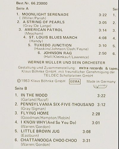 M&uuml;ller,Werner und sein Orchester: Glen Millers gro&szlig;e Erfolge, Extra Records&sol;et Cetera (66.23000-01), D, 1983 Typ: PLP Best.-Nr.: V2710 Preis: 4,00 Euro.