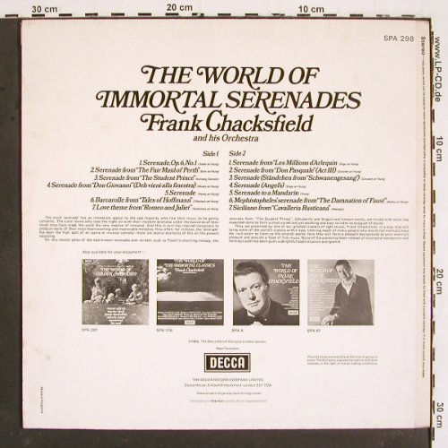 Chacksfield,Frank & his Orch.: The World Of Immortal Serenades '58, Decca(SPA 298), UK, Ri, 1973 - LP - V5359 - 7,50 Euro