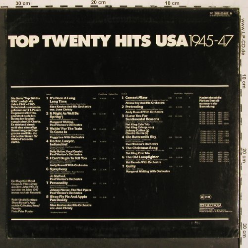 V.A.Top Twenty Hits USA 1945-47: Stan Kenton.. Margaret Whiting Orch, Capitol (056-85 613), D, 15Tr., 1978 Typ: LP Best.-Nr.: V6448 Preis: 6,00 Euro.