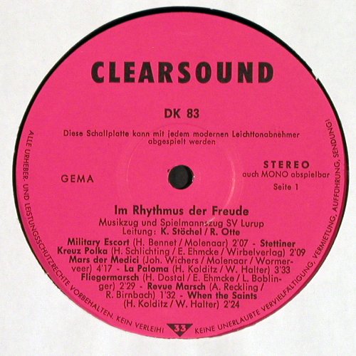 SV Lurup 23 - Spielmannszug: In Rhythmus der Freude, Hamburg, Clearsound (DK 83), D Typ: LP Best.-Nr.: V741 Preis: 5,00 Euro.