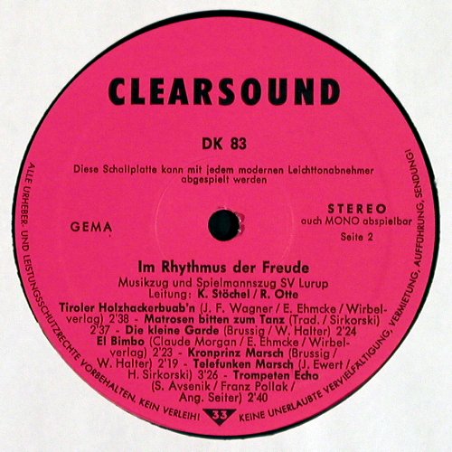 SV Lurup 23 - Spielmannszug: In Rhythmus der Freude, Hamburg, Clearsound (DK 83), D Typ: LP Best.-Nr.: V741 Preis: 5,00 Euro.